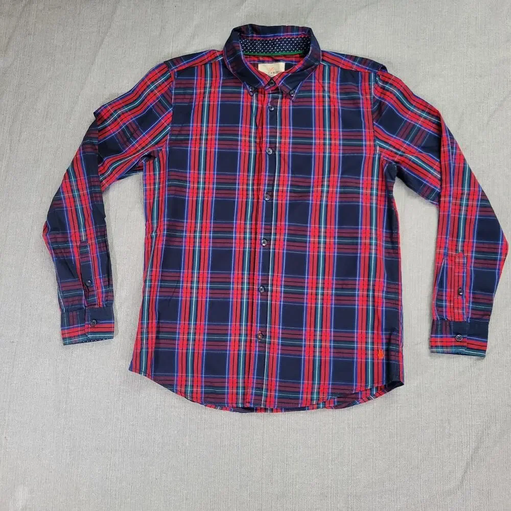 Holly Whyte Lindex Boys LG Tartan Plaid Navy Red Holiday Christmas Shirt EUC